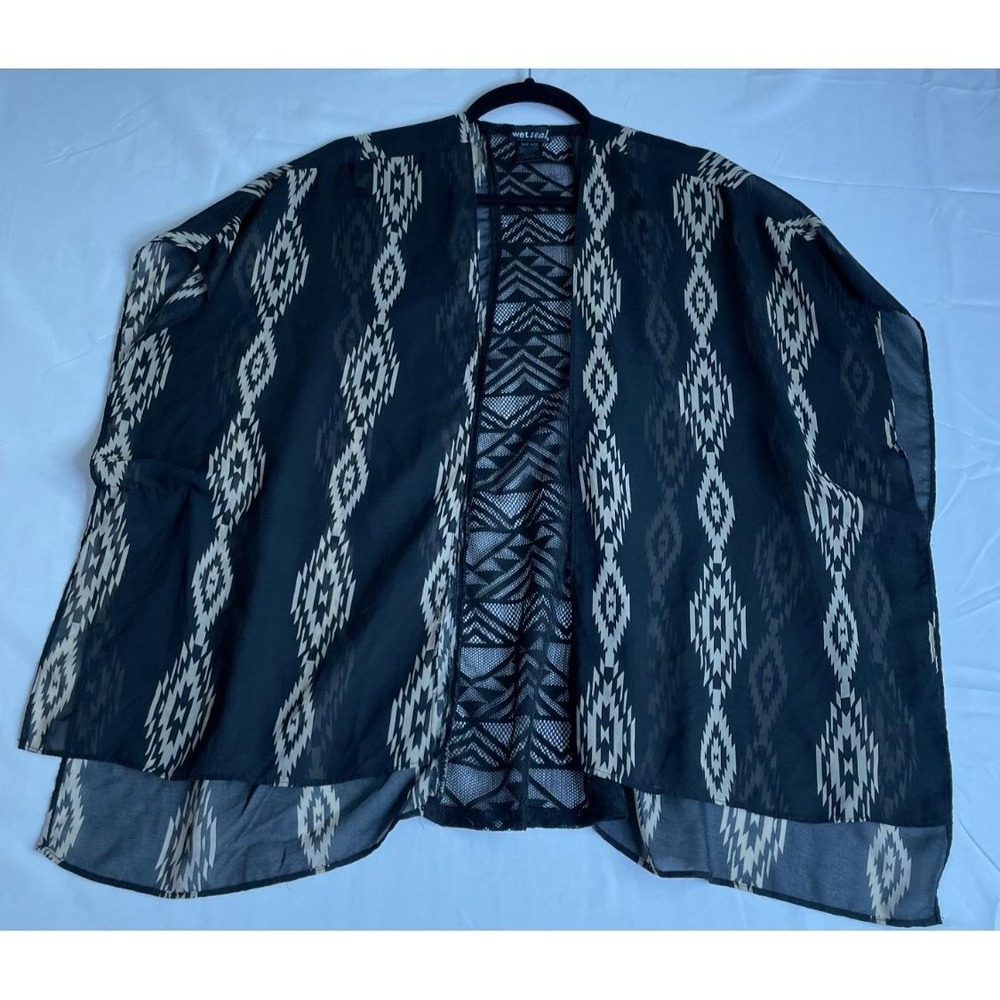 Wet Seal OS Kimono Wrap Black Geometric Tribal Mesh Back Open Front Coverup